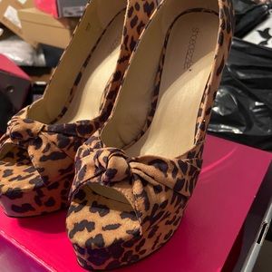 Leopard micro suede bow front peep-toe platforms